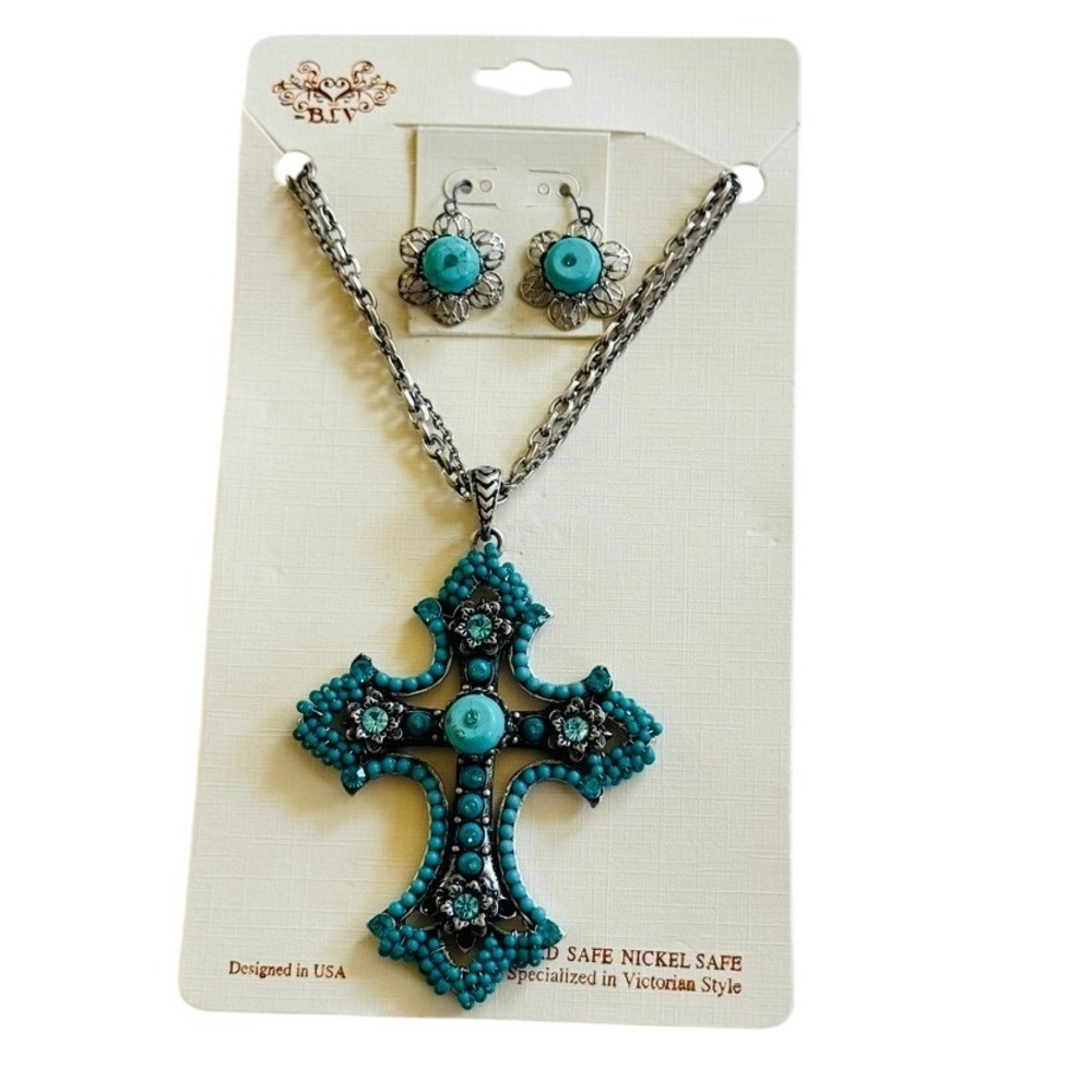 BLV Victorian Style matching Set Necklace Earrings Cross crystal turquoise‎ New